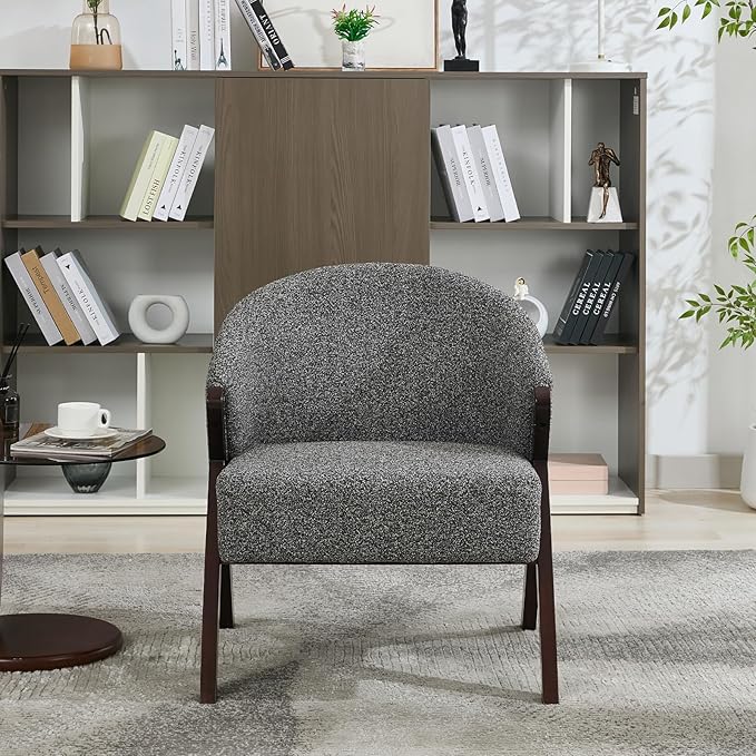 TrailBlaze Comfortable Mid-Century Modern Accent Chair for Living Room – Upholstered Reading Armchair with Sturdy Wood Frame Linen Fabric Easy Assembly – Deep Walnut Foot | Linen | Gray