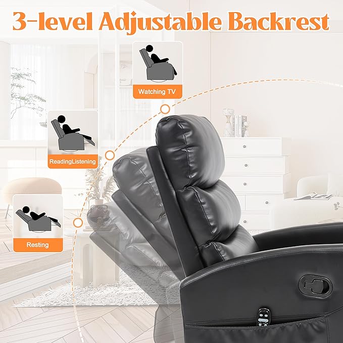 Luxlen Manual Swivel Rocker Recliner Chair with Massage Overstuffed Recliner Glider with Vibration Massage and Heat for Nursery Living Room Reclining Sofa Chair PU Leather Black