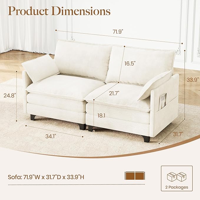 71.9 Loveseat Modular Sectional Sofa Chenille Cloud Couch with Armrest Pillows Modern 2 Seater Deep Seat Couches with Side Pocket for Living Room Bedroom and Apartment Beige