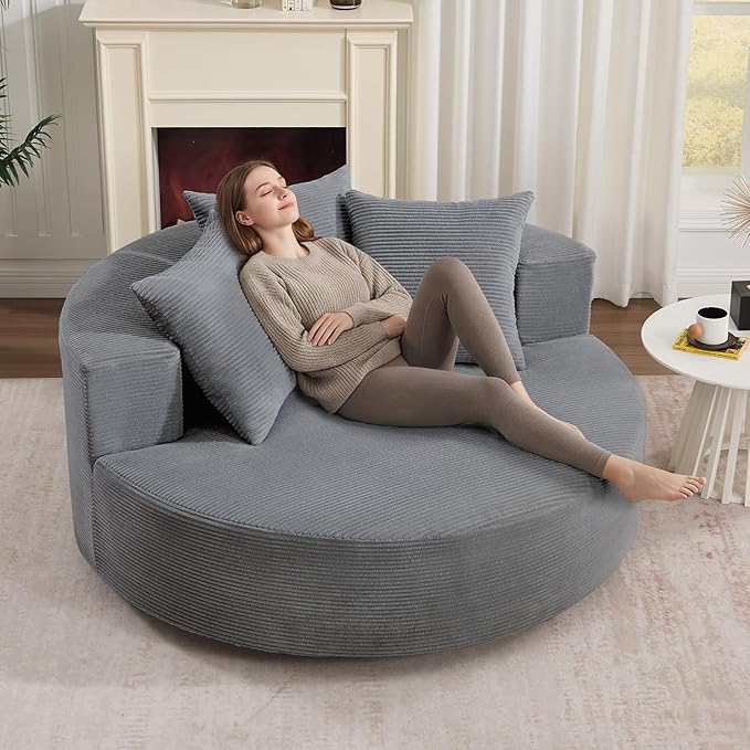 CANMOV Oversized Round Swivel Chaise Longue Chair Indoor Upholstered Corduroy Deep Seat Cloud Large Circle Sofa Chair Modern Single Cloud Sofa Bed for Living Room Bedroom Apartment Office Dark Gary
