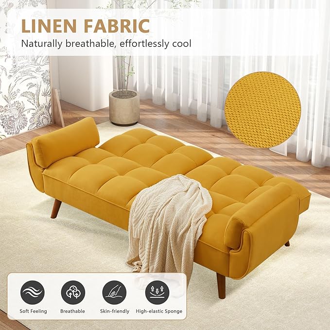 75 Convertible Futon Sofa Bed Sleeper Couch Bed with Adjustable Backrest Small Couches for Small Spaces Living Room Bedroom and Office (Yello)