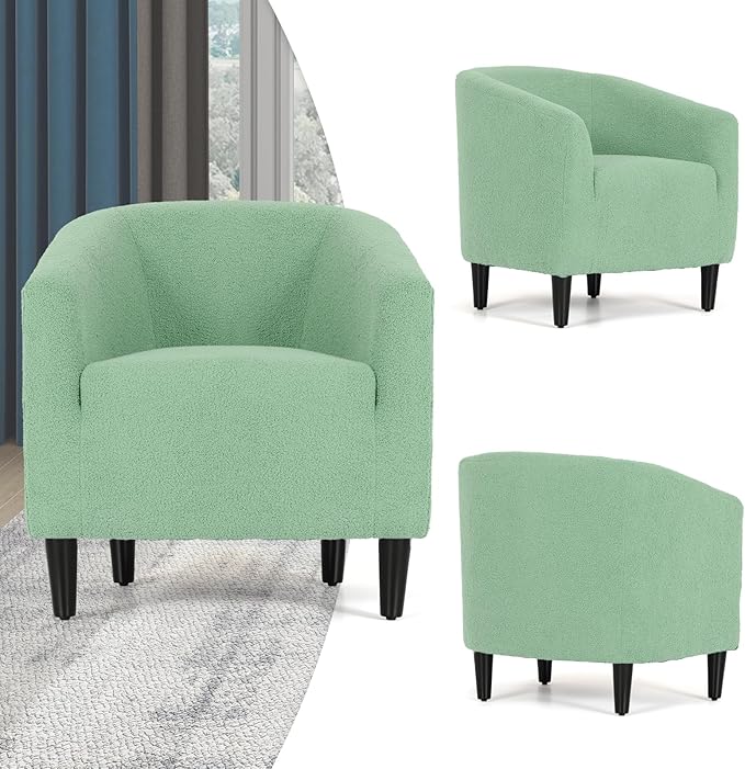 Magshion Barrel Chair Modern Sherpa Armchair Boucle Fabric Accent Chair with Cozy Soft Padded Single Sofa Chair for Living Room Bedroom Office Waiting Room 300lbs Capacity Green