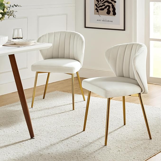 HULALA HOME Dining Chairs Set of 2 Velvet Upholstered Kitchen &amp Dining Room Chairs with Metal Legs Vanity Chair Armless Side Chairs for Living Room Bedroom Restaurant Channel Curved Backrest Ivo