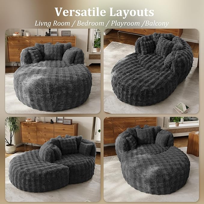 55 Oversized Chaise Lounge Indoor Round Reading Chair Lounge Chair with Ottoman Boneless Sofa Bed Large Fluffy Plush Faux Fur Chaise Chair for Living Room Playroom Bedroom Grey