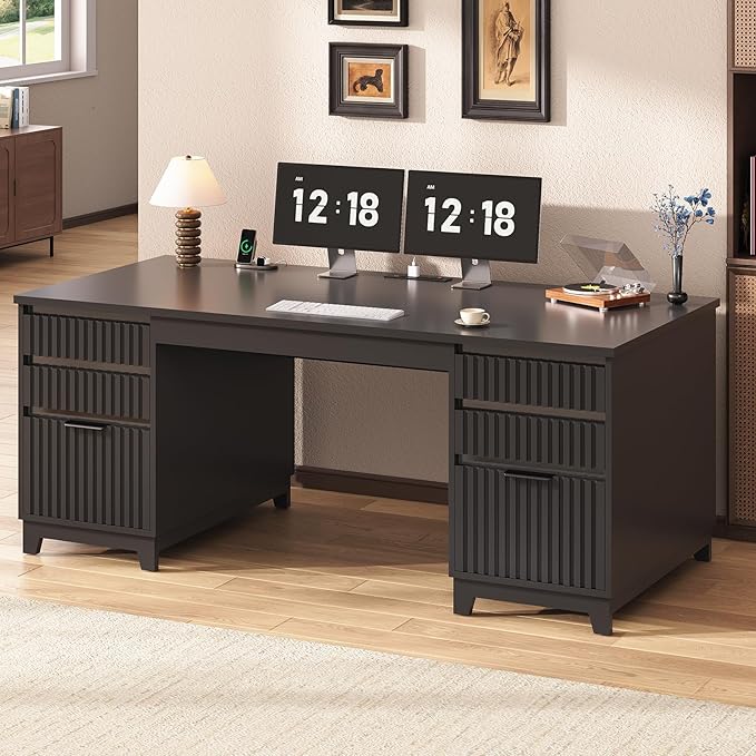 SEDETA 55.1 Fluted Office Desk with 6 Drawers Modern Executive Desk with Acrylic File Drawers Computer Desk with Power outlets for Home Office and Study (Black)