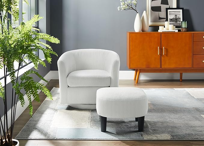 Boucle Swivel Barrel Chair with Ottoman White Sherpa Accent Chair with Curved Backrest &amp Pillow Comfy Upholstered Armchair for Living Room Bedroom Reading Spaces (White)