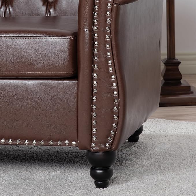 Leather Chair Living Room Single Sofa Medieval Retro Tufted Cushion Accent Sofa Chair with Rolled Arms and Nailhead Cigar Chair for Bedroom Office Apartment Club Chairs (Dark Brown)
