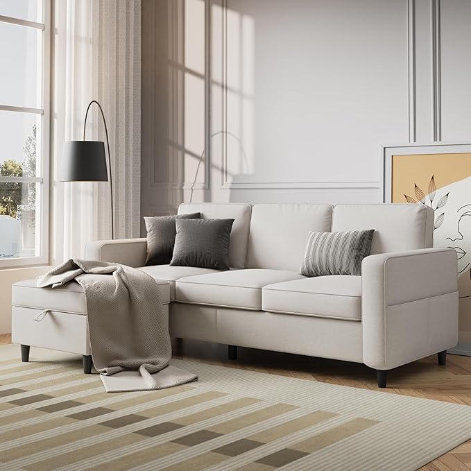 Sectional Sofa and Couches for Living Room - 78'' Beige 3 Seat L-Shaped Couch with Storage Ottoman Modern Linen Convertible Sectionals Sofas with Chaise for Apartment Office Small Space