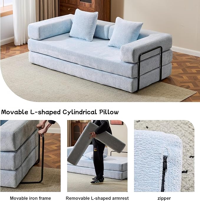 Convertible Floor Sofa Bed Foldable Mattress Cloud Couch with Pillow Back &amp Armrest Chenille Sleeper Sofa Bed with Fixed-Shape Frame Compressed Couch for Living Room Bedroom Light Blue