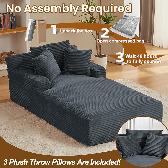 Avenix 79” Oversized Chaise Lounge Chairs Indoor Corduroy Boneless Chaise Lounges Chairs Indoor Deep Seat Big Comfy Reading Chair Cloud Sleeper Chair Sofa Couch Bed for Living Room Grey