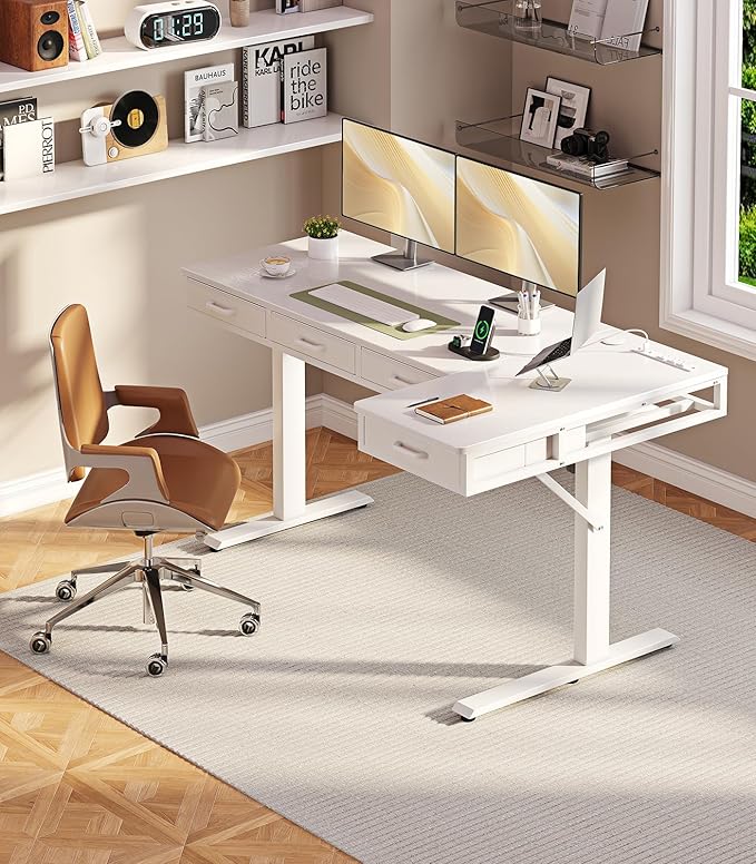 OffiGo 63 Inch L Shaped Electric Standing Desk with Drawers Height Adjustable Large Desk with Power Outlets Sit Stand Table Writing Computer Desk for Home Office WorkstationWhite