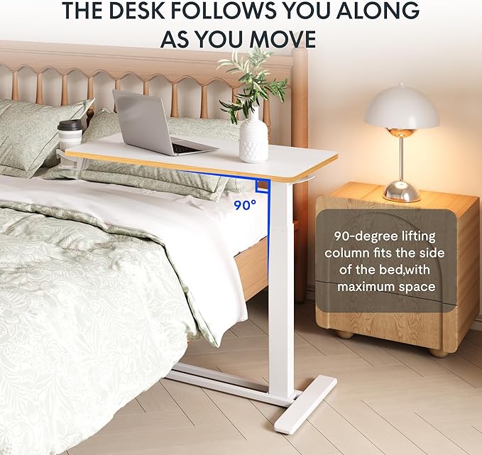 FLEXISPOT H7 Adjustable Overbed Bedside Table with Wheels Pneumatic Mobile Standing Laptop Desk Rolling Computer Cart Movable Overbed Table Hospital Home Use (31.5 W x 17.7 D White Maple Large)
