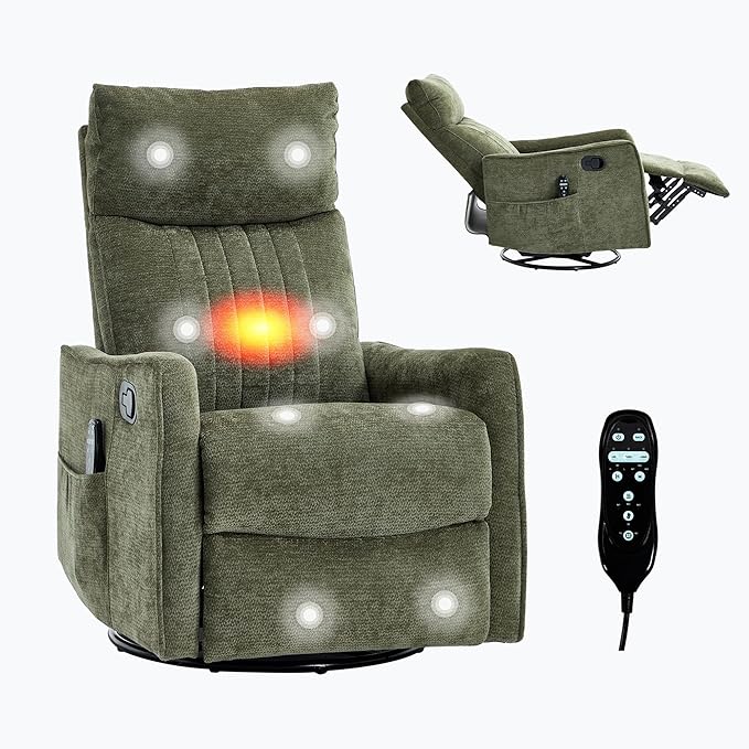 Casaphoria 360° Swivel Rocking Recliner Chair with Heat and Massage Upholstered Fabric Nursery Glider with Side Pocket for Living RoomBedroomHome Theater and RV Small Space(Antique Green)