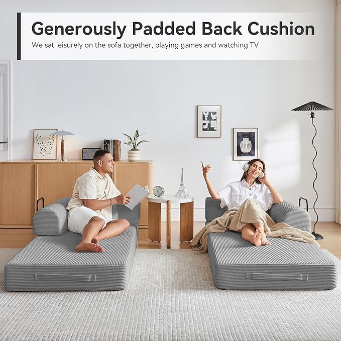 Convertible Sleeper Sofa Bed Sleeper Sofa with Pillow | Corduroy Fabric | High-Density Sponge | Fixed-Shape Frame Modular Sofa Bed for Living Room Lounge Studio (Light Grey)