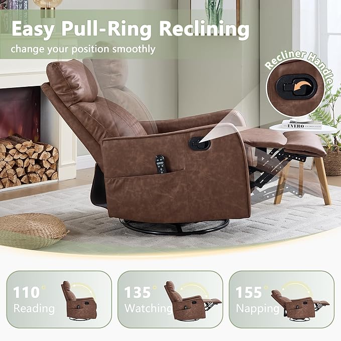 cinkehome Swivel Rocker Recliner Glider Rocker Recliner Chair for Nursery Manual Reclining Chair with Heated Massage Small Spaces Living Room Faux Leather Light Brown