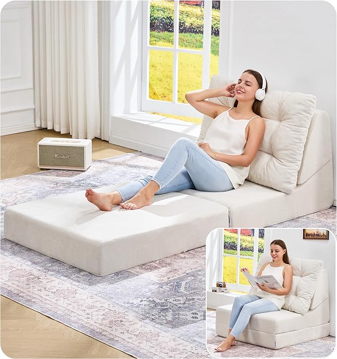 Hobestluk Sofa Couch Folding Sofa Bed Comfy Floor Lounger Convertible Sofa with Removable Cushion Couches for Small Spaces Foldable Mattress for Living Room Bedroom or Office (Chenille Beige Large)