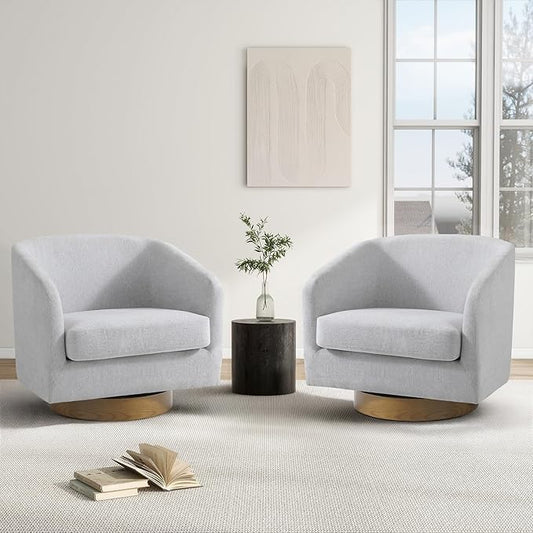 Swivel Barrel Chair Modern Round PU Leather Accent Armchair for Living Room Bedroom Oversized Comfy Club Reading Chairs for Adults (Chenille Beige Set of 2)