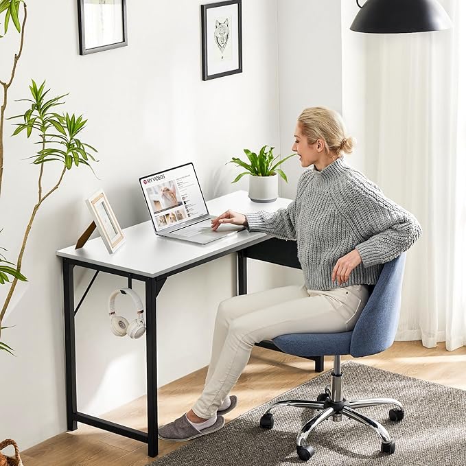 Sweetcrispy Computer Small Office Desk 32 Inch Kids Student Study Writing Work with Storage Bag &amp Headphone Hooks Modern Simple Home Bedroom Table - White