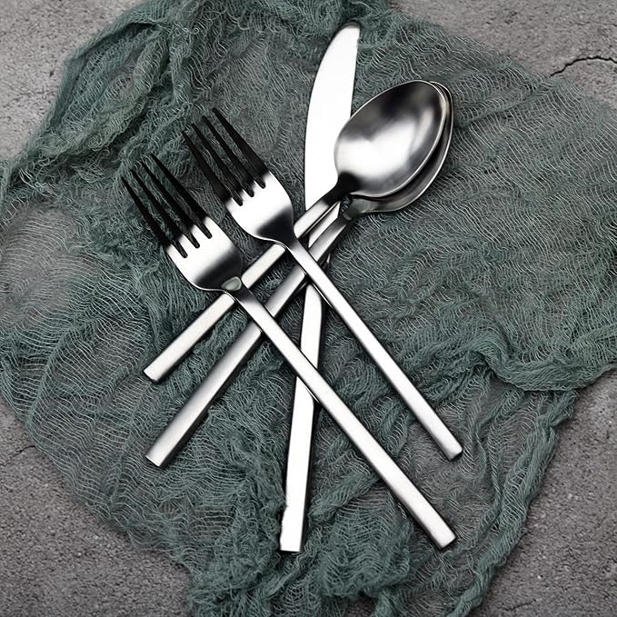 Alata Cube 20-Piece Forged Silverware Set Stainless Steel Flatware SetService for 4Matte Satin Polished Cutlery SetDishwasher Safe