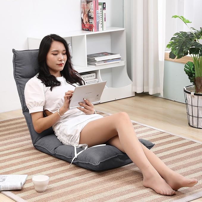 Fabric Folding Floor Chair with Headrest - 6-Position Head &amp Foot Recliner 14-Position Lumbar Support - Ergonomic Design for Reading Gaming and Relaxation 014GR