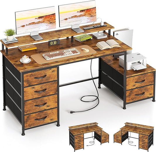 Flrrtenv 52 Inch Office Desk with 6 Drawers and Printer Space for Storage Reversible Computer Desk with Monitor Stand &amp Power Outlets Home Office Desks Vintage
