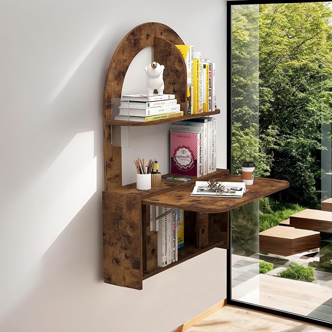 Wall Mounted Drop-Leaf Table Floating Laptop Desk Folding Table with Shelves Multifunctional Computer Workstation Storage Compartments in Home Office for Space Saving (Rustic Brown)