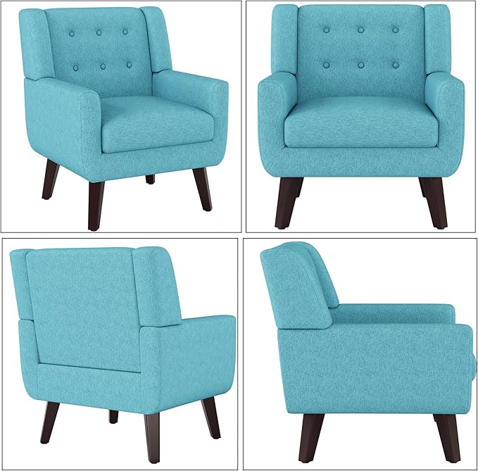 Linen Fabric Living Room Chairs Accent Chair Mid Century Modern Armchair for Living Room Bedroom Button Tufted Upholstered Comfy Reading SofasVanity Chair (1 Lake Blue)