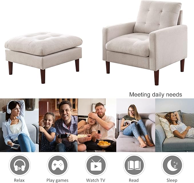 Modern Fabric Single Sofa Chair Living Room Chair Comfortable Armchair with Solid Wood Legs Tufted Chair for Reading or Lounging