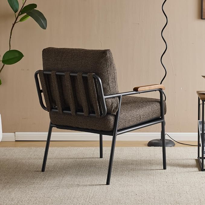 Karl home Accent Chair Modern Armchair with Metal Frame Linen Fabric Upholstory Living Room Chair Mid-Century Reading Chair with Wooden Arms for Living Room Bedroom Reading Room Apartment Brown