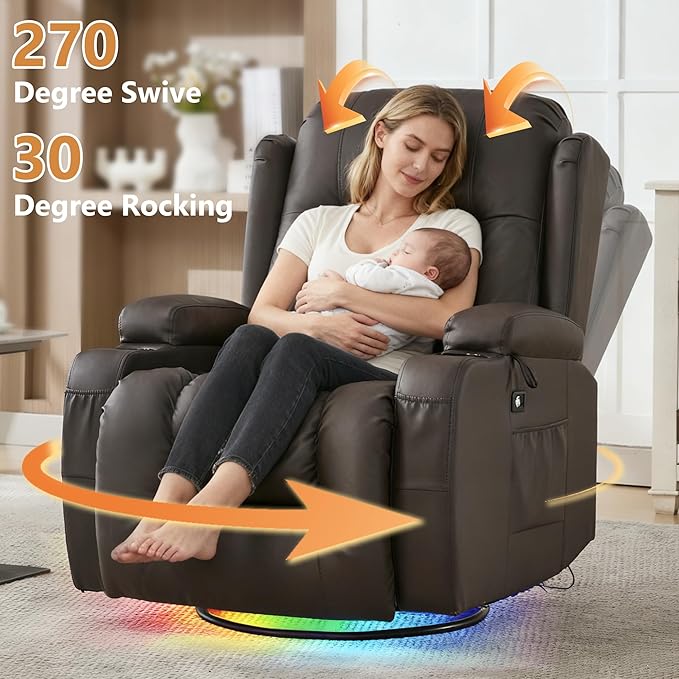 URRED Rocker Recliner Chair for Adults 270° Swivel Glider Reclining Single Sofa with LED Ambient Light Cup Holders and Side Pockets Faux Leather Recliner for Living Room or Home Theater Brown