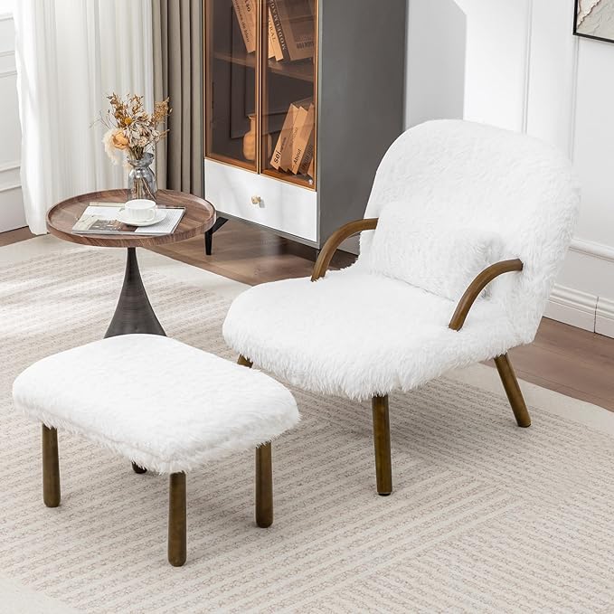 Modern Corduroy Accent Chair with Ottoman White Upholstered Lounge Chair Set with Wood Arms Living Room Furniture 31.5 Height (Artificial Fur White)