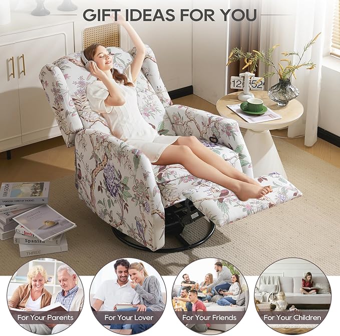 Floral Accent Swivel Rocker Recliner Wingback Recliner Chair with Padded Seat High Back Upholstered Armchair for Living Room Bedroom Home Ofiice (Bird Floral x 2)
