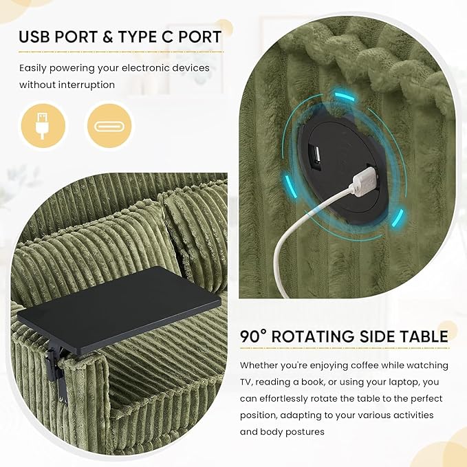 54'' Corduroy 3-in-1 Convertible Sofa Bed Pull Out Sleeper Loveseat Couch with USB Ports &amp Storage Pockets Futon Couches for Small Space Living Room Apartment (Green New)