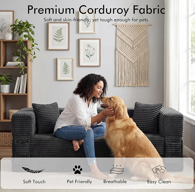 78.8 Convertible Sofa BedFuton Boneless CouchFolding Pull Out Futon Sofa (Deep Gray) | Convert to bed Storage Pocket No Assembly Corduroy Fabric Family size Ease of assembly