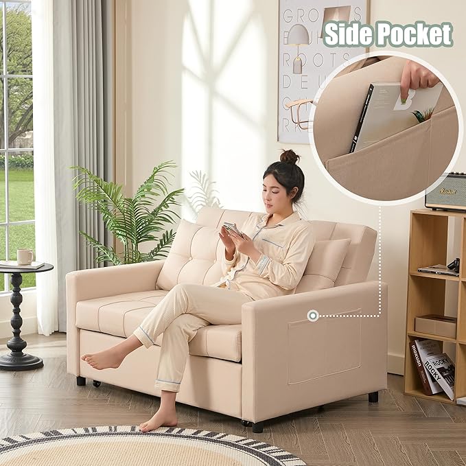 52 Sleeper Sofa with Pull-Out Bed 3-in-1 Convertible Sofa Bed Set of Loveseat with Stepless Adjustable Backrest and Side Pocket for Living Room Dorm Apartment Linen Beige