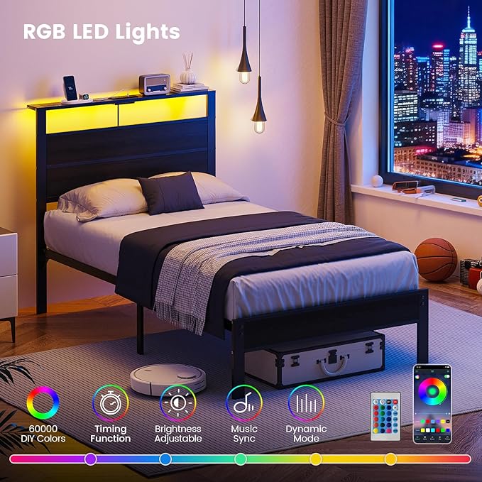 Twin Bed Frame with LED Lights &amp USB Charging Station Black Metal Platform Bed with Storage Headboard Under-Bed Space Noise-Free &amp Sturdy No Box Spring Needed Easy Assembly
