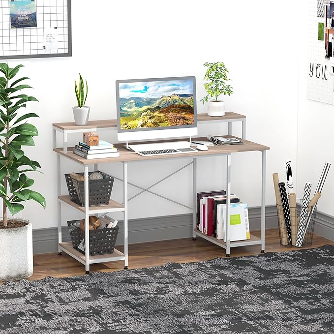 55 Inch Home Office Computer Desk Study Writing Workstation with Storage Shelves Elevated Monitor Shelf CPU Stand Durable X Shaped Construction Oak Wood Grain