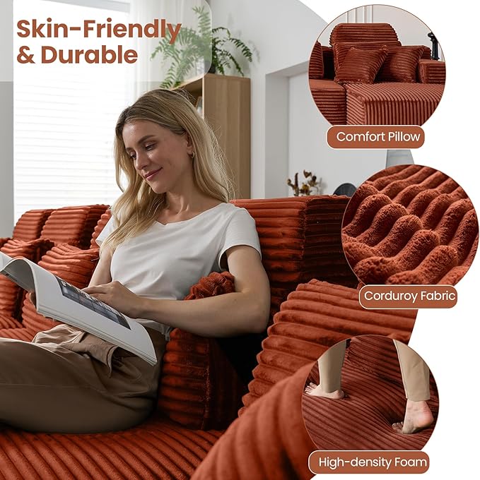 171 Boneless Couch with Reversible Chaise U Shaped Sectional Couches for Living Room Modular Sectional Sofa 28 Deep Seat Corduroy Couch Reversible Chaise Couch in a Box Orange