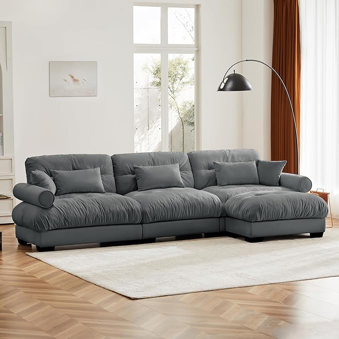 KEIKI 130 L-Shaped Oversized Velvet Modular Sectional Sofa with 1 Ottoman High-Density Foam Cushions and Bolstered Armrests Upholstered 3-Seater Cloud Couch with 5 Pillow for Living Room Grey