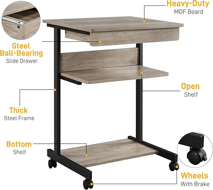 Topeakmart Gray Art Deco Desk Rolling Computer Desk Cart with Drawer Small Space Solution for Writing Laptop PC 22 x 20.1 x 31.5 inches