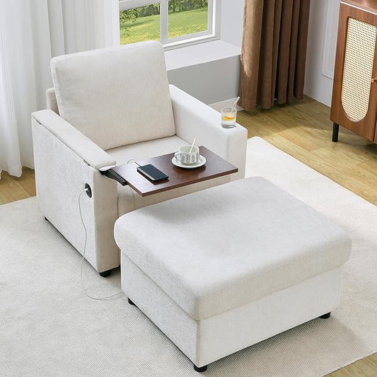 Modern Accent Chairs with Storage Ottoman Set Comfy Chenille Reading Armchair with Tray Table and Charging Port Chaise Lounge Chair for Living Room Bedroom Study Apartment Beige