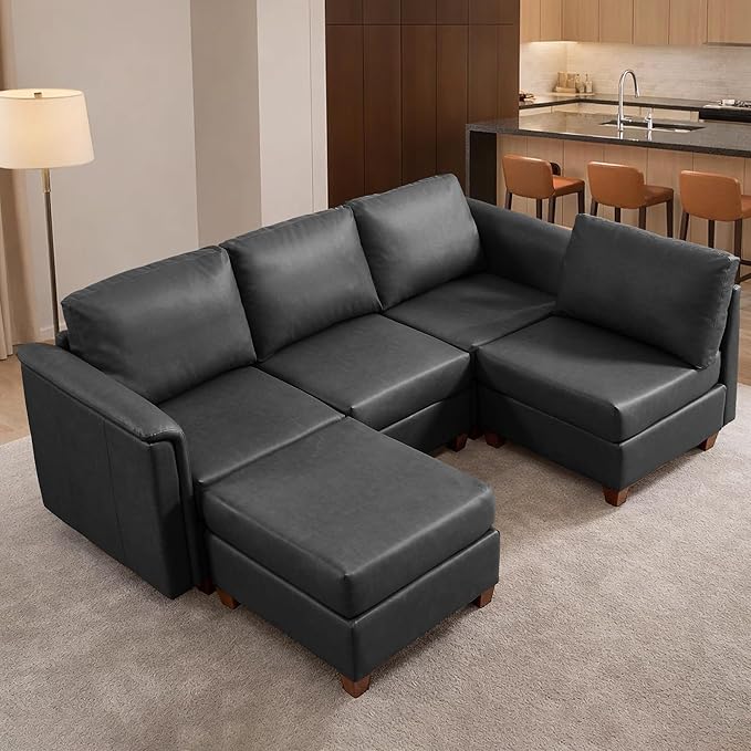 U Shaped Modular Sectional Sofa Cloud Couch with Storage Faux Leather Sectional Couch for Living Room Furniture Apartment(5 Seats Black)
