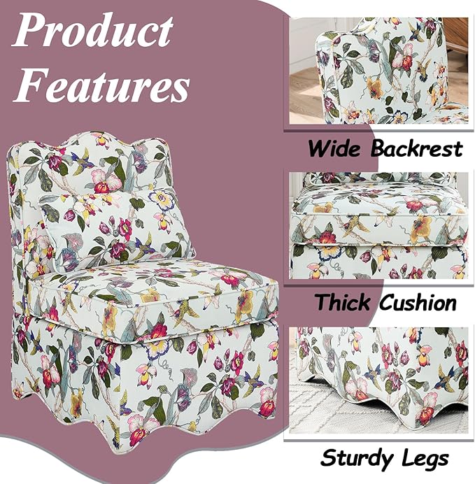 Floral Accent Chair Comfy with Pillow Armless Accent Chair for Bedroom Slipper Chair with Soft Seat Cushion and Backrest Side Chairs for Living Room Flannel Fabric Wave-Shaped (Red)