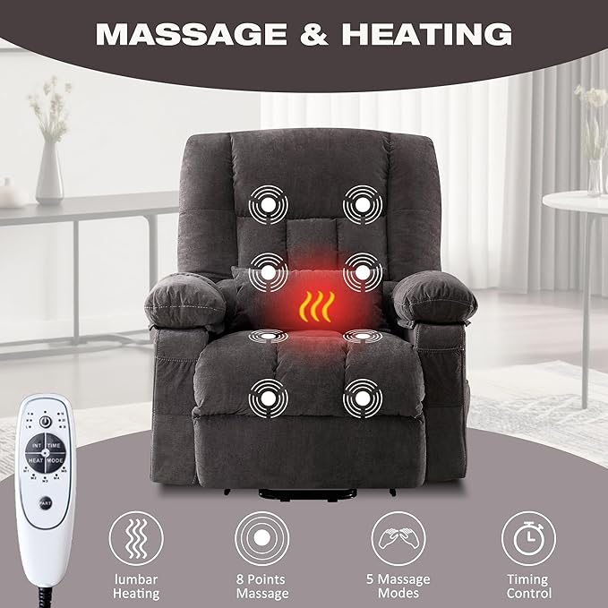 BOSMILLER Power Lift Recliner Chair with Massage and Heat for ElderlyElectric Lift Chair with USB Charging Runction and Side Pockets Suitable for Living Rooms and bedroomsGrey