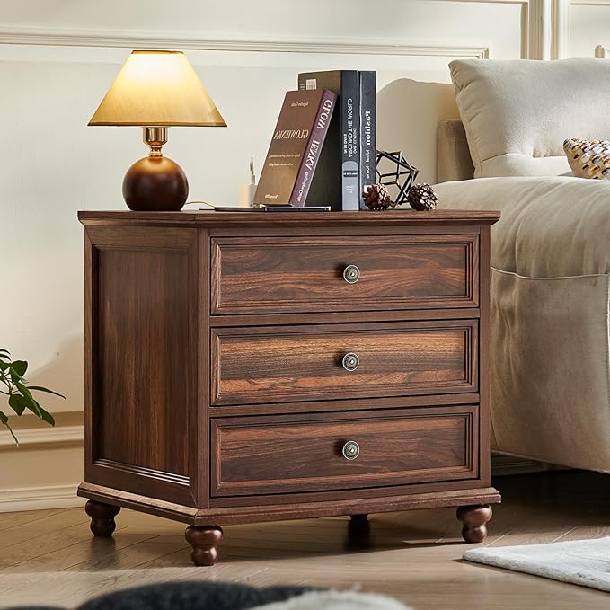 Farmhouse Nightstand with Charging Station 24 Wide End Table with 3 DrawersWood Dresser Cabinet for Bedroom Bed Side Table Chest of DrawersNight Stand for Living Room ClosetBrown