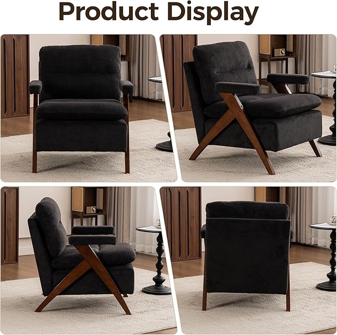 Mid Century Modern Tufted Accent Chair Set of 2 - Sturdy Upholstered Solid Wood Armchair with Breathable Fabric High-Density Cushion Non-Slip Pads for Living Room Reading Room Bedroom Black