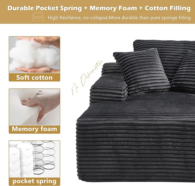 66 Oversized Chaise Lounge Chair Indoor Corduroy Upholstered Sofa Bed with Pocket Springs&ampHigh-Density Foam Deep Seat Sleeper Couch with 3 Pillows No Assembly for Living Room (Dark Grey)