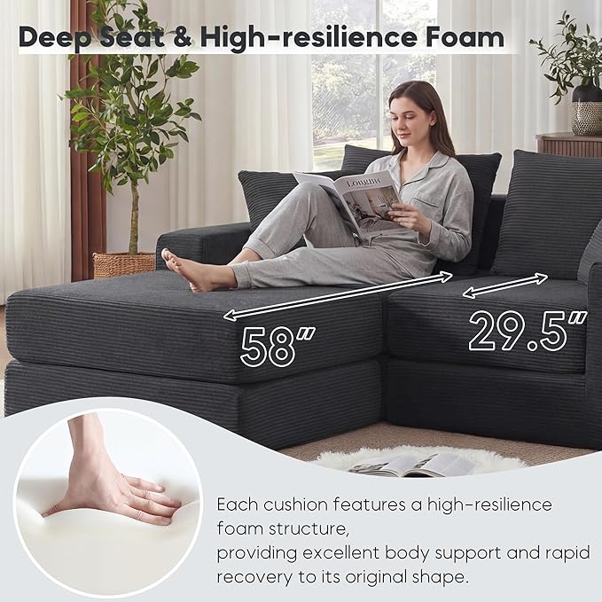 L-Shaped Modular Sofa Bed with Ottoman Corduroy Folding Floor Convertible Sofa Couch Bed Boneless Combination Design Loveseat Sleeper Couch for Living Room Grey