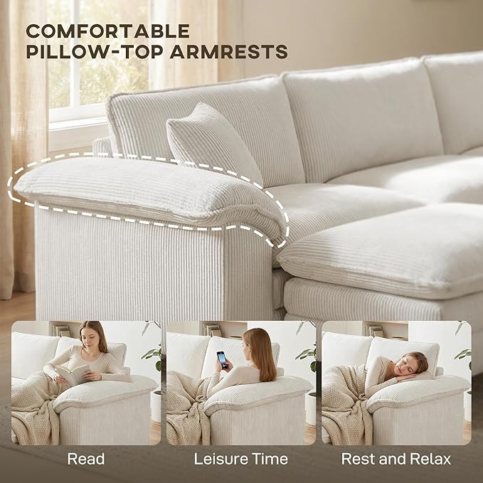 HOMCOM Modular Sectional Sofa Couch 124 Oversized L Shape Sectional Cloud Couch with Deep Seat Movable Ottoman and Pillow-top Armrests for Living Room Bedroom and Apartment Beige | Deep seat