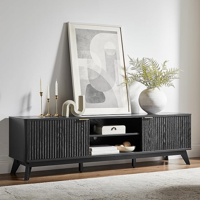 OKD 70 Mid Century Modern Fluted TV Stand Entertainment Center Sideboard Media Console for Living Room with 2 Soft Close Door/Adjustable Shelves (Black Oak)